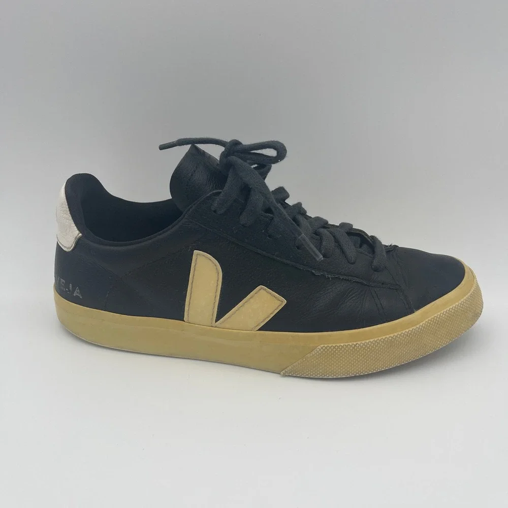 Veja Women 9 Black Leather Campo Sneakers Cream Logo Low Top